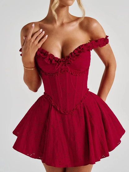 VC Trendy Red Off-Shoulder V Neck Mini Ruffled Dress with Corset Top for Festival & Event Favorite Gown