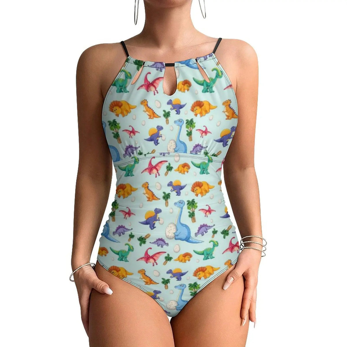 Botanical With Dinosaurs Swimsuit Dinosaur Quirky Soft Pastels Floral Swimwear Holiday Swimsuits Halter Bathing Suit |...