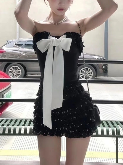 New Summer Sexy Bow Elegant 2 Piece Set Women Y2k Vintage Strapless Tops + Mini Skirt Harajuku Fashion Female Party Chic...