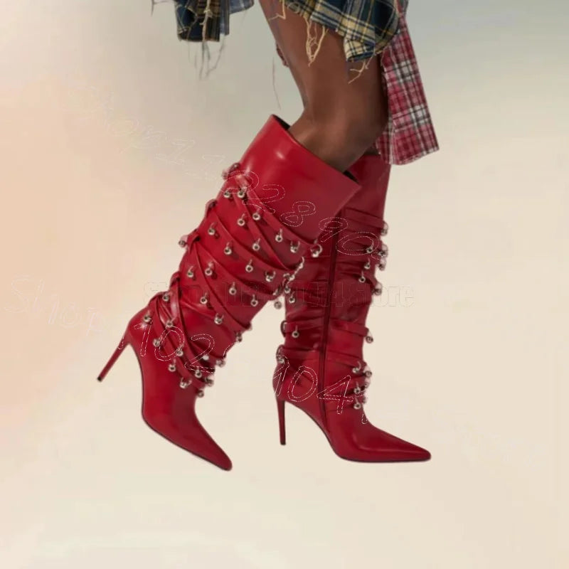 Metal Circle Rivets Red Pointed Toe Boots Side Zipper Women Shoes Thin High Heels Fashion Party Dating 2026 Zapatos Para...