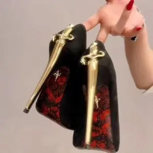 2026 Early New High Heels Women's Fine Heels Pointed Metal Swords Sexy Queen Black Lacquer Leather Single Shoes | Kimlud...