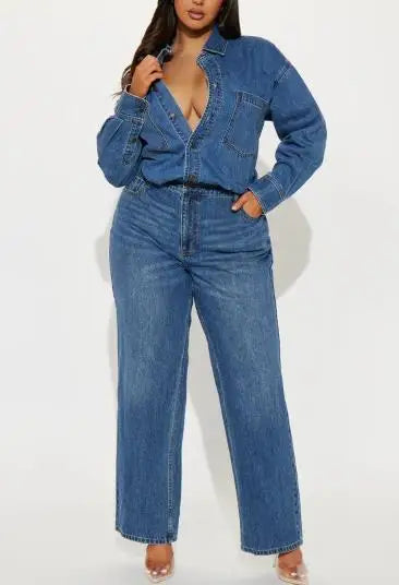 Jumpsuit Women 2026 New Spring Autumn Solid Color Pocket Design Turn-Down Collar Long Sleeved High Waist Casual Denim...