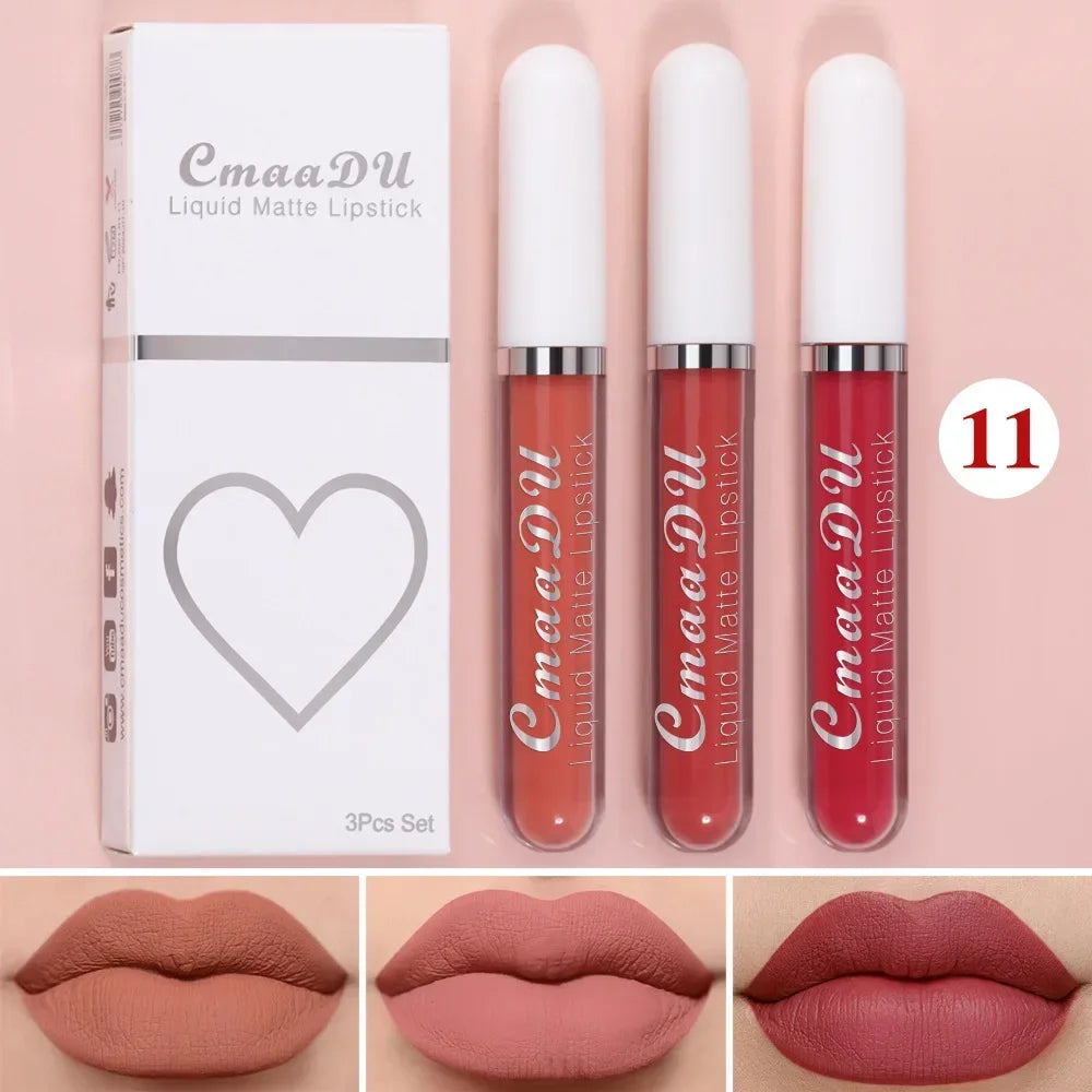 3Pcs/Set Waterproof Matte Nude Lip Gloss Brown Nude Pigment Dark Red Long Lasting Velvet Liquid Lipstick Women Makeup Lip Glaze