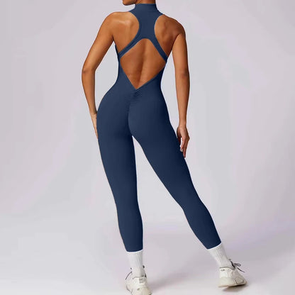 Backless Scrunch Sporty Jumpsuit Gym Tracksuit Women's Fitness Overalls Sexy Hollow One-Piece Sport Suit Zipper Workout Jumpsuit - Kimlud