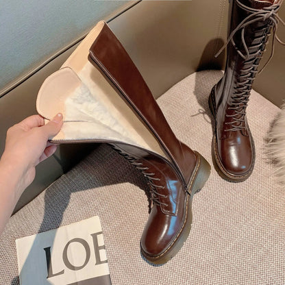 Krazing Pot Vintage Cow Split Leather Wool Snow Boots Winter Keep Warm Round Toe Cross-tied Med Heels Platform Thigh High Boots