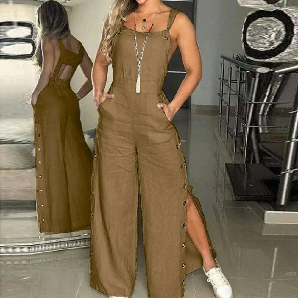 Women's Sleeveless Wide Leg Jumpsuit with Side Pockets And Button Closure Solid Color Loose Straight-Leg Romper for Women