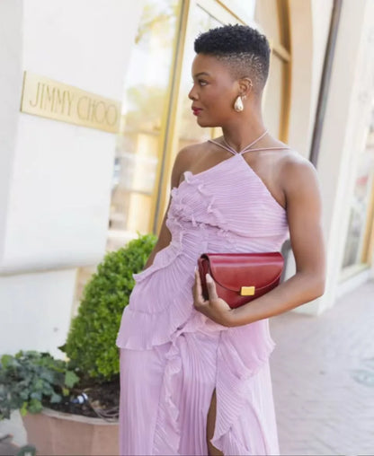 Chic Pleated Halter Long Dress Women High Quality Strapless Backless Ruffles Lotus Edge Maxi Dress 2025 Nw Lady Vacation Gowns