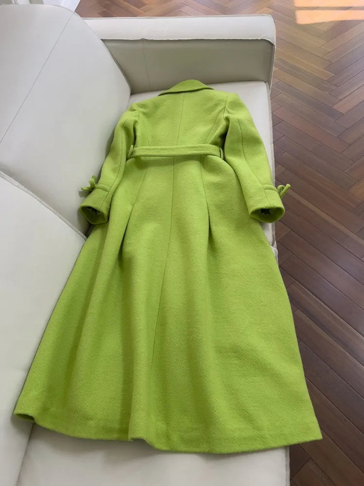 Women Elegant Double Breasted Coat Fashion Turn Down Sashes Collar Slim Fit Sashes Woolen Fabric Winter Lady Long Style Overcoat