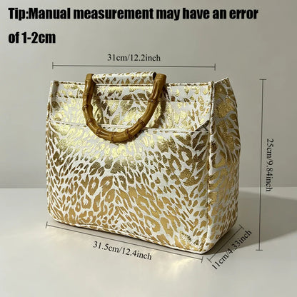 Retro gold-foil leopard print faux bamboo-handle women's tote bag, golden leopard pattern handbag | Kimlud Mid Range Bag