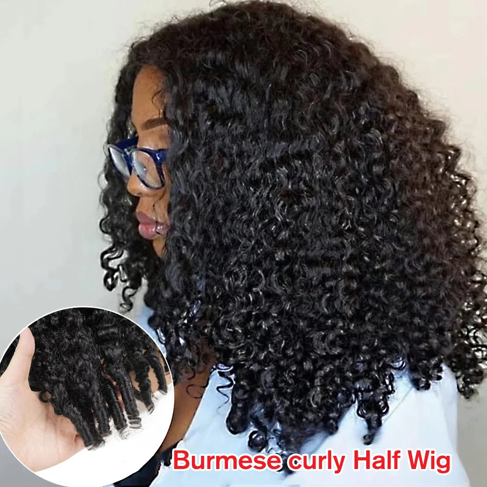 Half Wig Burmese Curly Glueless Human Hair Wigs With Drawstring Seamless Clip 250 Density Beginner Friendly Curly Wigs...