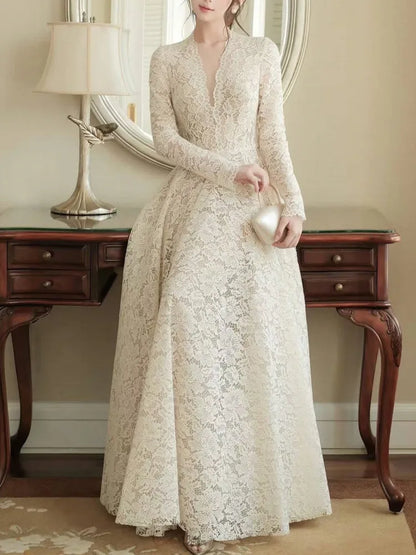 Eshin Elegant Women Lace Maxi Dress Long Sleeve Deep V Neck High Waist A-Line Floor Length Evening Party Formal Dresses SA1529 - Kimlud