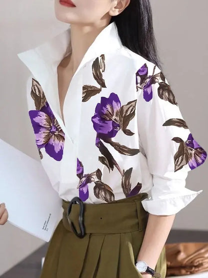 Modigirl 2025 Summer Spring Casual White Shirts for Women Long Sleeves Urban Elegant Stand Collar Woman Flower Print Blouse Tops - Kimlud