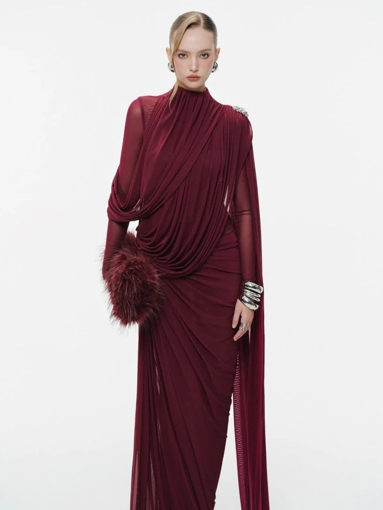 Sexy Long Sleeve O Neck Pleated Draped Long Dress Women Burgundy Mesh Patchwork Folds Slim Runway Celebrity Evening...