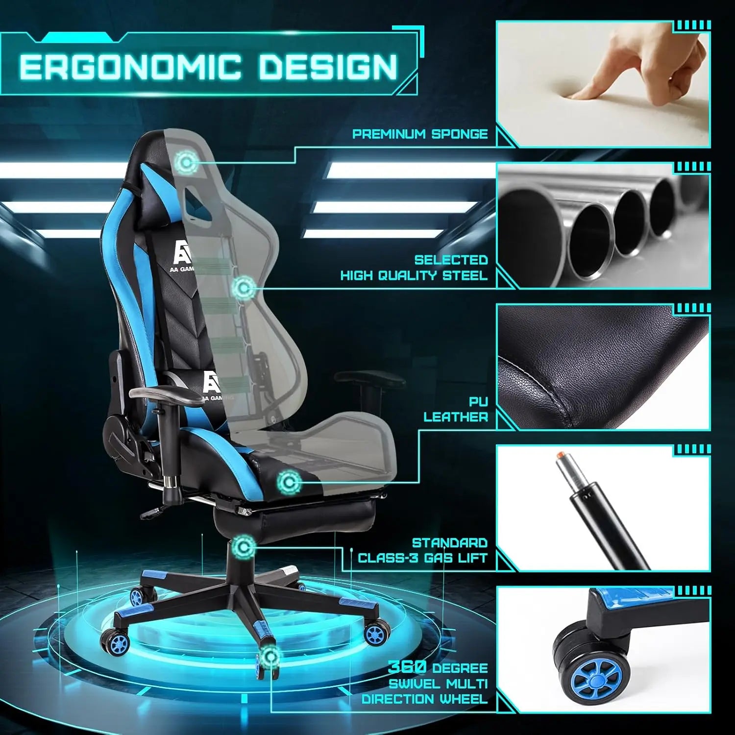 Ergonomic Gaming Chair with High Back, Adjustable Footrest and Lumbar Support - Blue