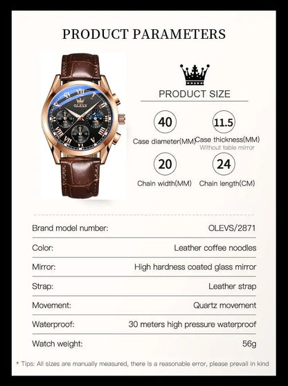 OLEVS 2871 Men Watch Original Brand Quartz Watch Multifunctional Chronograph Watch For Man Waterproof Luminous Moon Phase Watch - Kimlud