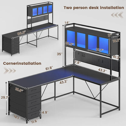 L Shaped Gaming Desk with Drawers,Gaming Desk with Pegboard, Led Lights, and Power Outlet, Home Office Desk, Corner...