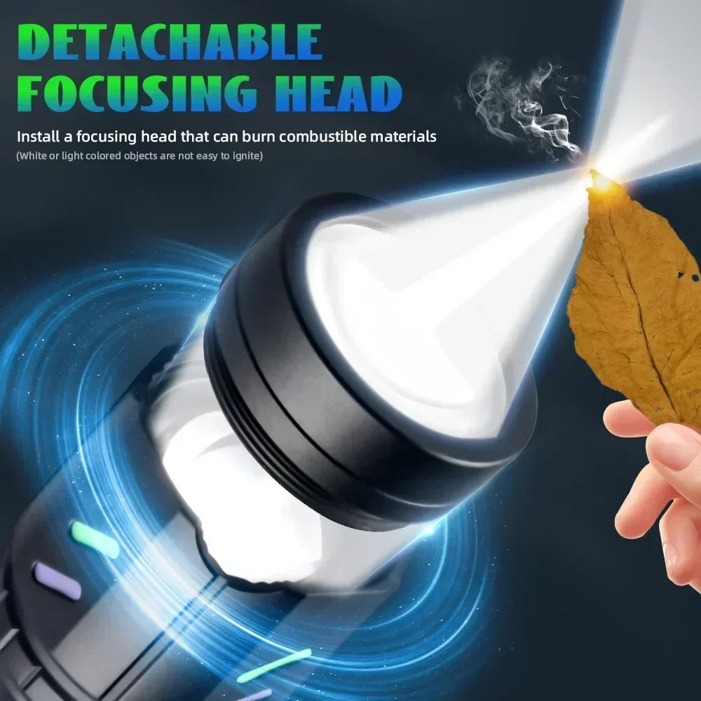 Bright  LED White Laser Flashlight By 26650 Battery Zoom Tactical Torch with Ignition Lens for Outdoor Camping Emergency Lantern