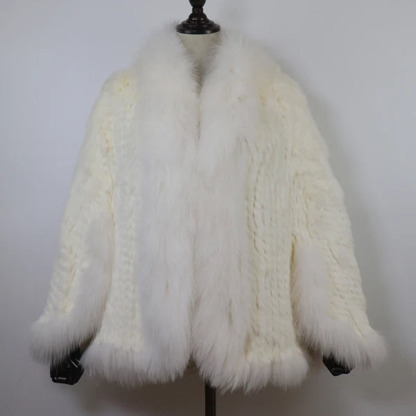 Hot Women Knitted 100% Real Rabbit Fur Shawl Winter Warm Genuine Rabbit Fur Pashmina Coat With Fox Fur Collar For Female...