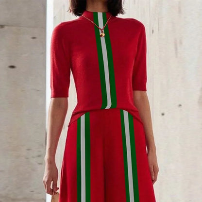 Krisstarsgirls Women Stripe Skinny T-Shirts Red 2025 Summer Half Sleeves Mock Neck Woman Leisure Contrast Color Tops Office Lady