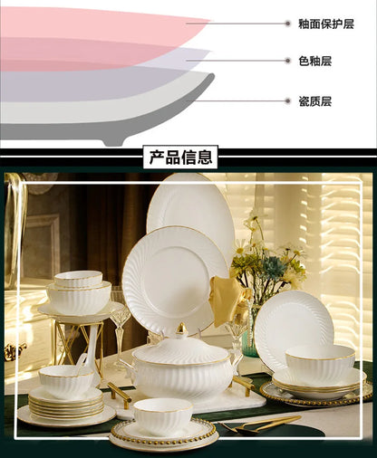 Bowl and dish set bone china tableware set bowl Jingdezhen light luxury simple hand drawn gold ceramic bowl and chopsticks plate - Kimlud