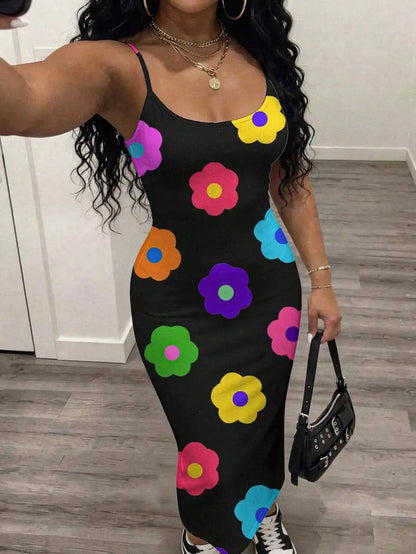 Womens Floral Print Elegant Waist Cinched Long Strap Dress For Party,Summer Dresses For Women