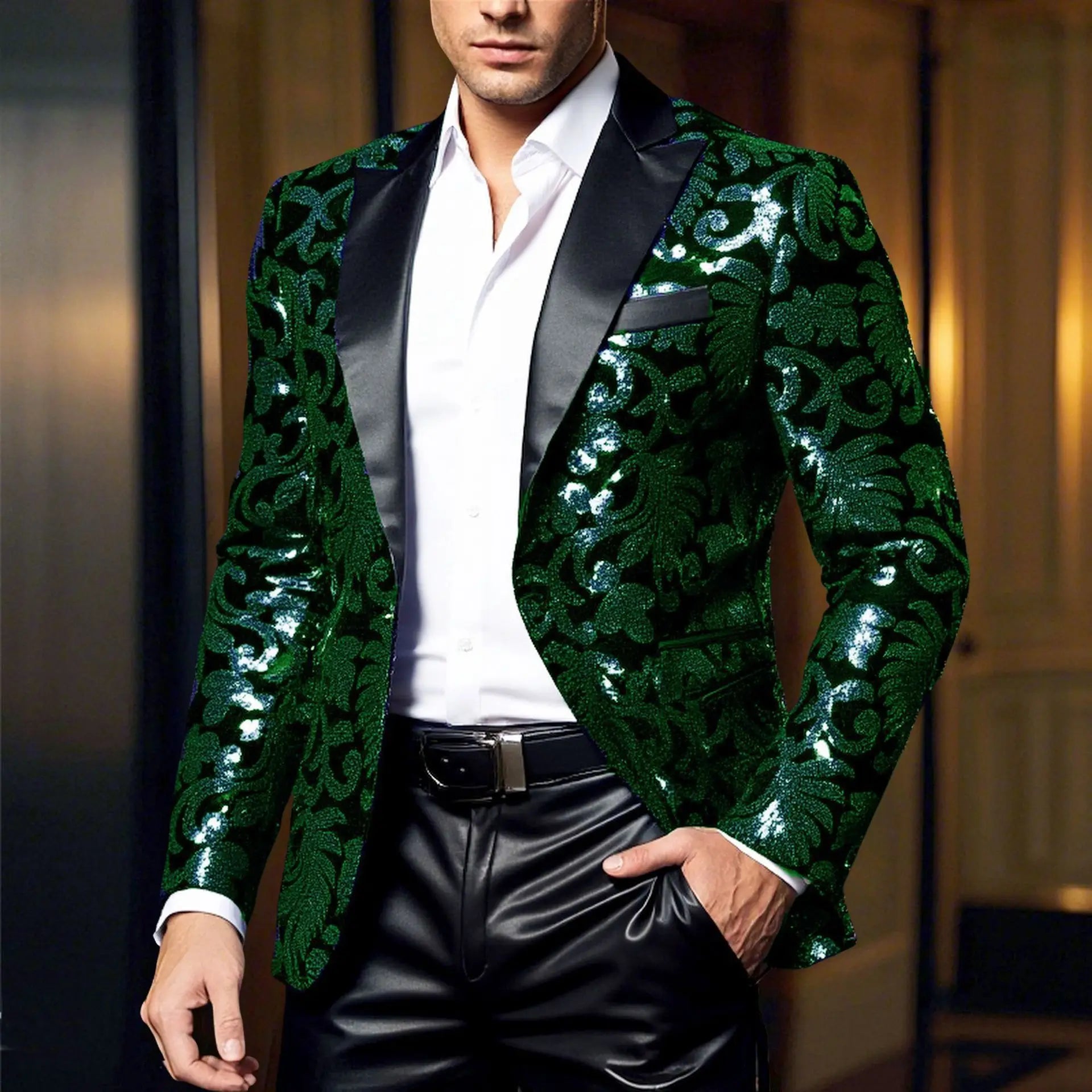 Shiny Sequin Embellished Single Button Stage Performance Outerwear in Blue Gold Green Purple Options for Men's Red Suit...