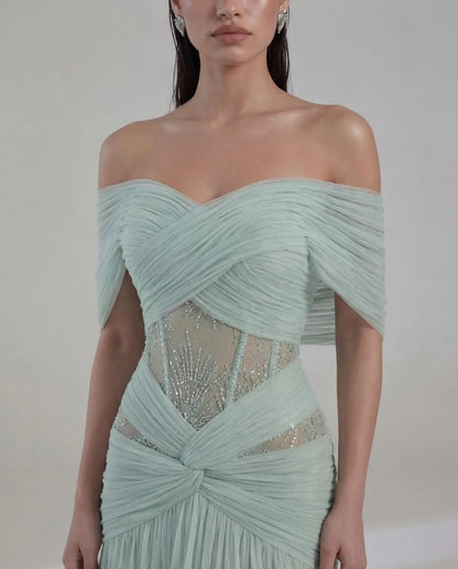 Ofherown Mint Green Pleated Evening Dress Off Shoulder Ruched Sequin Waist Sheer Mesh Formal Gown Wedding Guest Custom Made