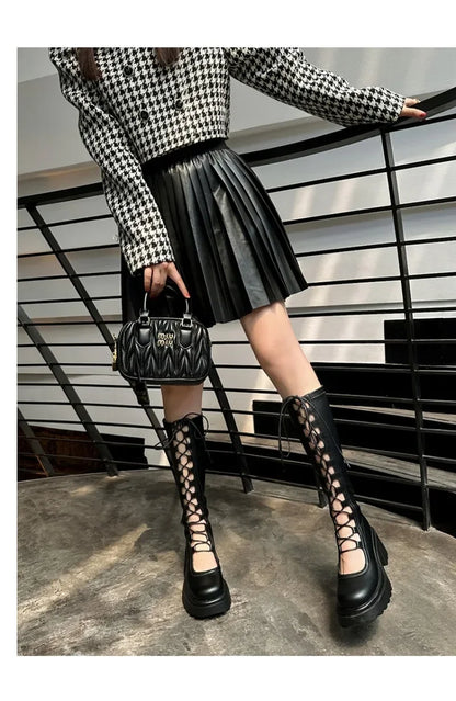 2024 Summer New Female Breathable Hollowed Out Mesh Boots Genuine Leather High Knight Boots Knee High Heels Show Thin Cool Boots