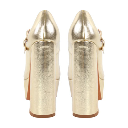 Onlymaker Women Mary-Jane Platform Pumps Gold Chunky 16CM High Heels Ankle Strap Dress Party Plus Size Hoof Heel Shoes