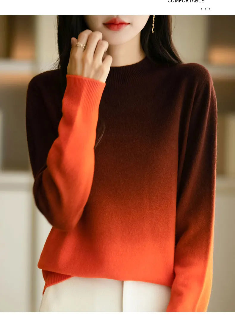 Women New Fine Wool Thickening Sweater Outwear Gradient Mock Collar Pullover Autumn Winter Bottoming Casual Warm Knitting Tops
