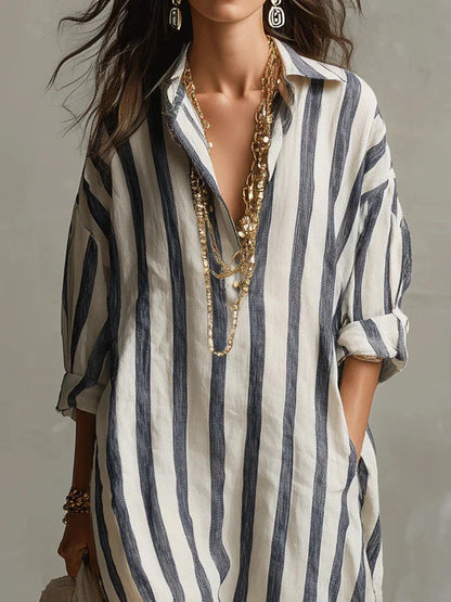 2026Spring Summer Casual Elegant Turn Down Collar Breathable Dress For Women Party Dress Boho Striped Printed Loose Beach - Kimlud