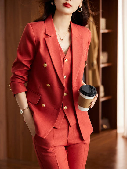 Autumn Winter Women Vest Blazer and Pant Suit Orange Navy Khaki Office Ladies Formal Business Work Career Wear 3 Pieces Set