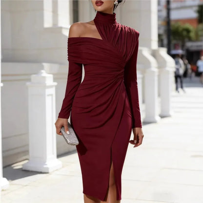 Sexy Package Hip Dress Off-shoulder Half-high Collar Long-sleeved Banquet Dress Fashion Elgant Pleated Slim Female Slit Dresses