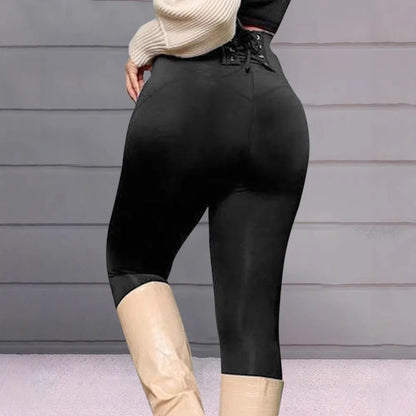 Women Solid Color Slim Leggings Pants Back Waist Strap Design Waist Lift Hip Tight Trousers Ankle Length Slim