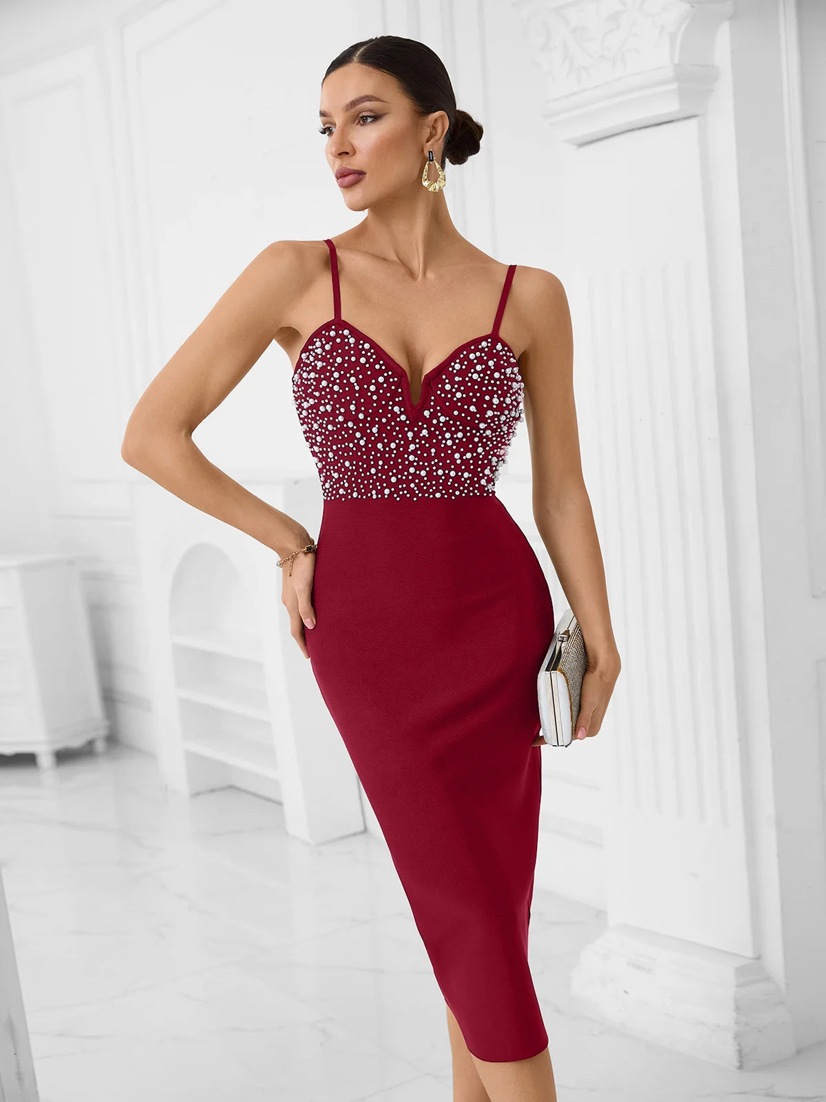 VC Elegant Burgundy Spaghetti Strap Midi Dress with Pearl & Rhinestone Embellishments for Cocktail Parties & Formal Events