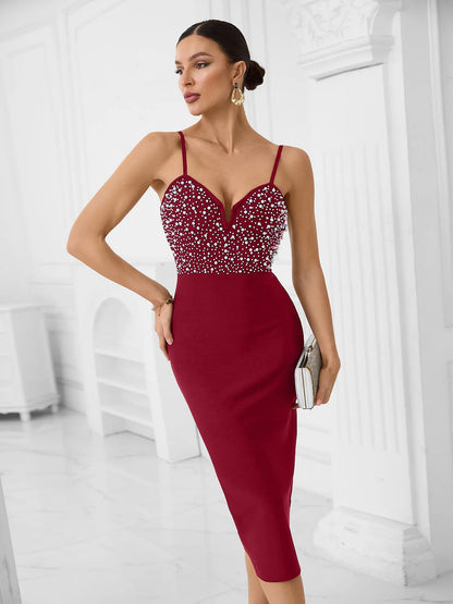 VC Elegant Burgundy Spaghetti Strap Midi Dress with Pearl & Rhinestone Embellishments for Cocktail Parties & Formal Events