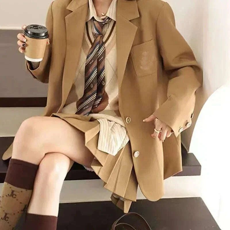 2024 Autumn New Preppy Style Loose-Fit Vintage Versatile Top Women's Polyester Fiber Jacket Coat