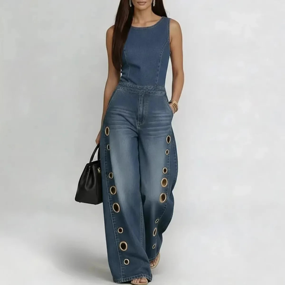 Women's Sleeveless Denim Jumpsuit High Waist Wide Leg Pants with Gold Eyelet Cutout Decor Streetwear Casual Fashion Romper - Kimlud