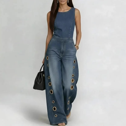 Women's Sleeveless Denim Jumpsuit High Waist Wide Leg Pants with Gold Eyelet Cutout Decor Streetwear Casual Fashion Romper - Kimlud