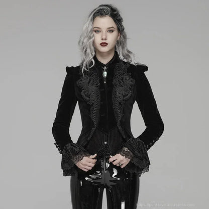 PUNK RAVE Women's Gothic Lolita Puff Long Sleeved Black Short Coat Party Club Halloween Jacket with Exquisite Lace Decoration