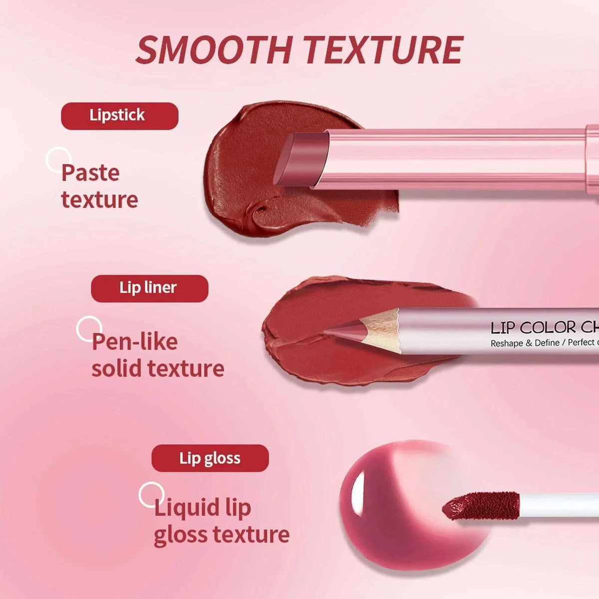 3pcs Lip Makeup Set Lip Liner Lip Gloss Lipstick Mirror Effect Beep Lips High Color Long-lasting Hydrates Travel Mini Set