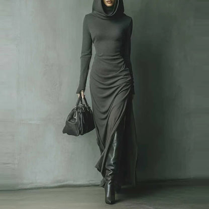 Casual Long Sleeve Solid Color Sport Dress Elegant Hight Waist Pleat Side Long Dresses Women's Fashion Long Sleeve...