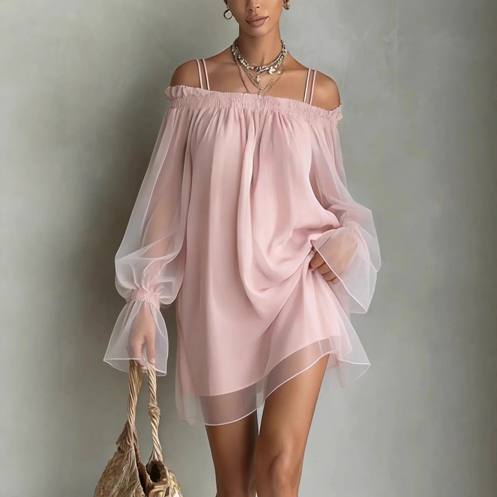 Double Strap Vestidos Off Shoulder Dress Sexy Sweet Vestido Fairy Mini Loose Dresses Summer New Sheer Mesh Long Sleeve Ropa Muje - Kimlud