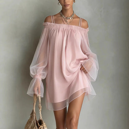 Double Strap Vestidos Off Shoulder Dress Sexy Sweet Vestido Fairy Mini Loose Dresses Summer New Sheer Mesh Long Sleeve Ropa Muje - Kimlud