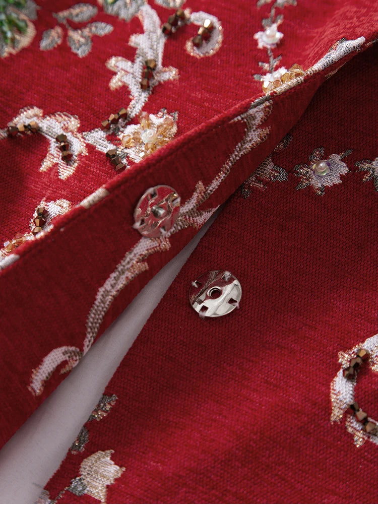 Women Red Embroidered Beaded Jacket Floral Longline Coat Round Neck 3/4 Sleeve Loose Casual Vintage Outerwear Top |...