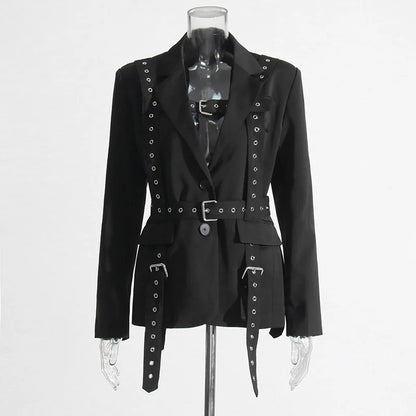 Women's Solid Color Temperament Suit Jacket 2025 Autumn Notched Single Breated Belted Slim Biker Motor Style Casual Blazer