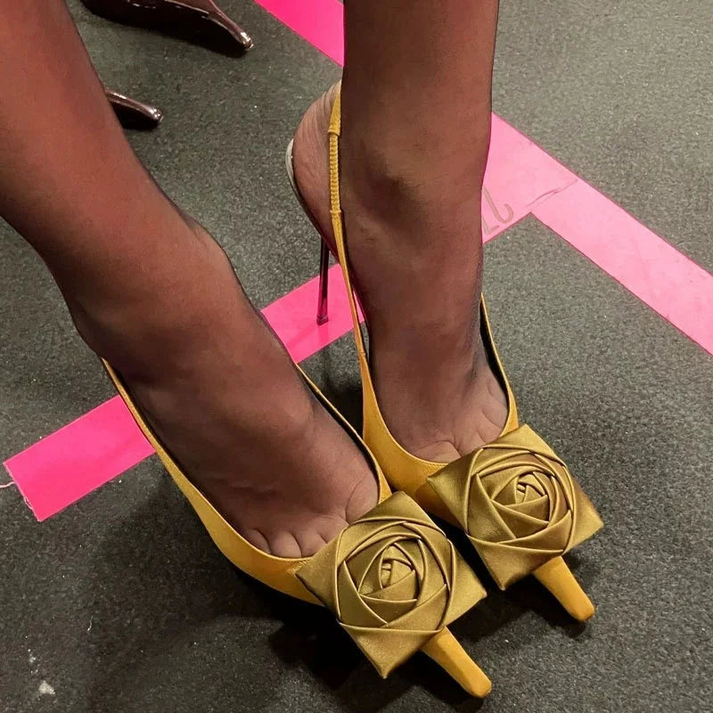 2025 Summer New Brand Luxury High-heeled Sandals Pointed Toe Fashion Flower Decoration Women Pumps Sexy Thin Heels Femme Shoes - Kimlud