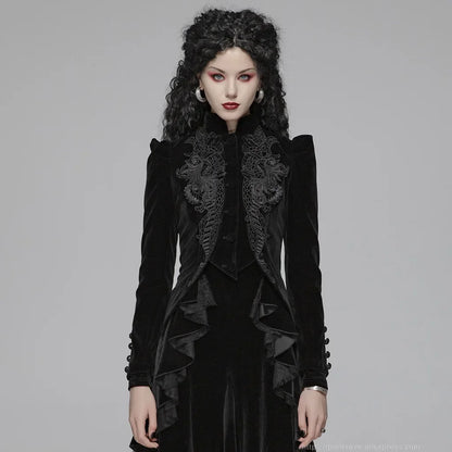 PUNK RAVE Women's Gothic Lolita Puff Long Sleeved Black Short Coat Party Club Halloween Jacket with Exquisite Lace Decoration