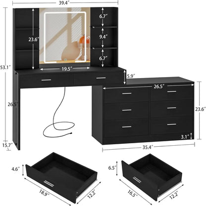 65.9" Vanity Desk with LED Lighted Mirror & Power Outlet, Modern Corner Makeup Vanity Table, Dressing Table for Bedroom