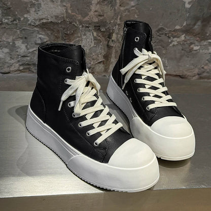 Celebrity Style Black High Top Men Shoes Thick Sole Height Increasing Couple Casual Round Toe High-end Short Boots